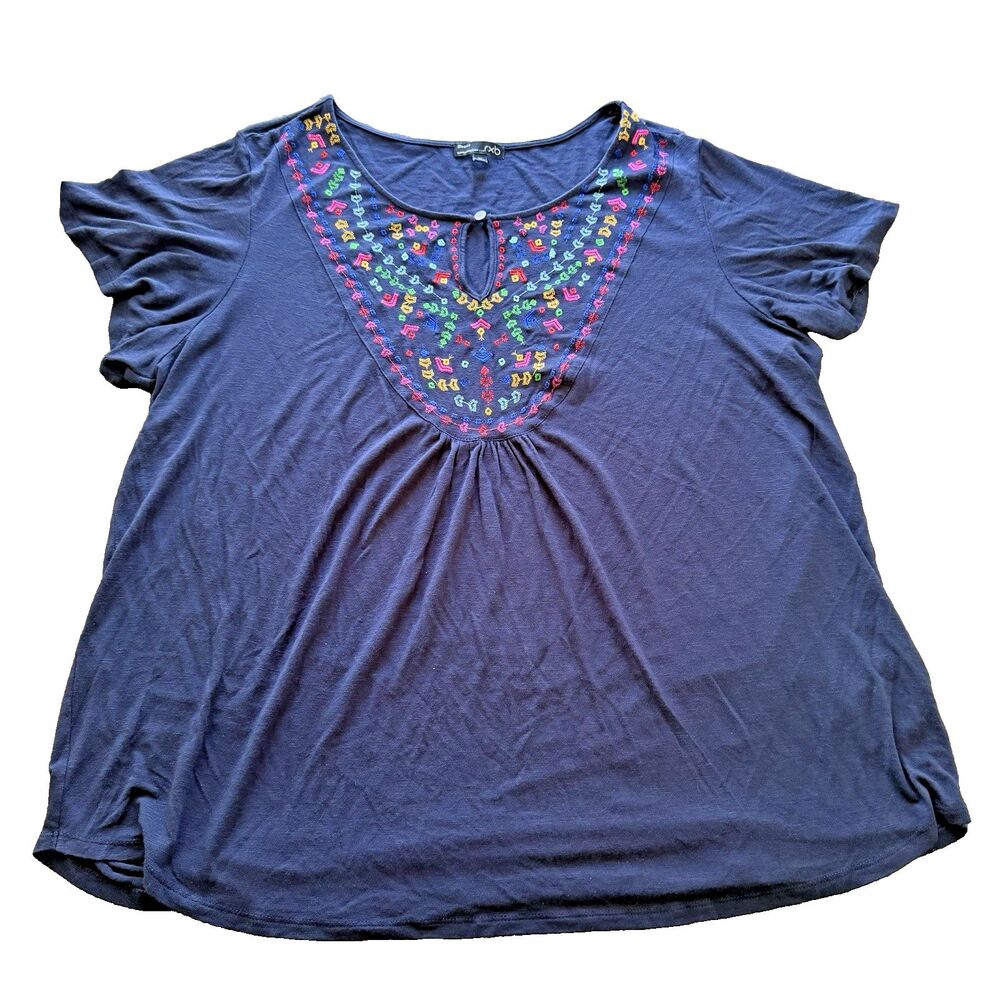 Women RBX Tunic Top Sz 1X Embroidery Festival Boho Beaded Navy Lightweight